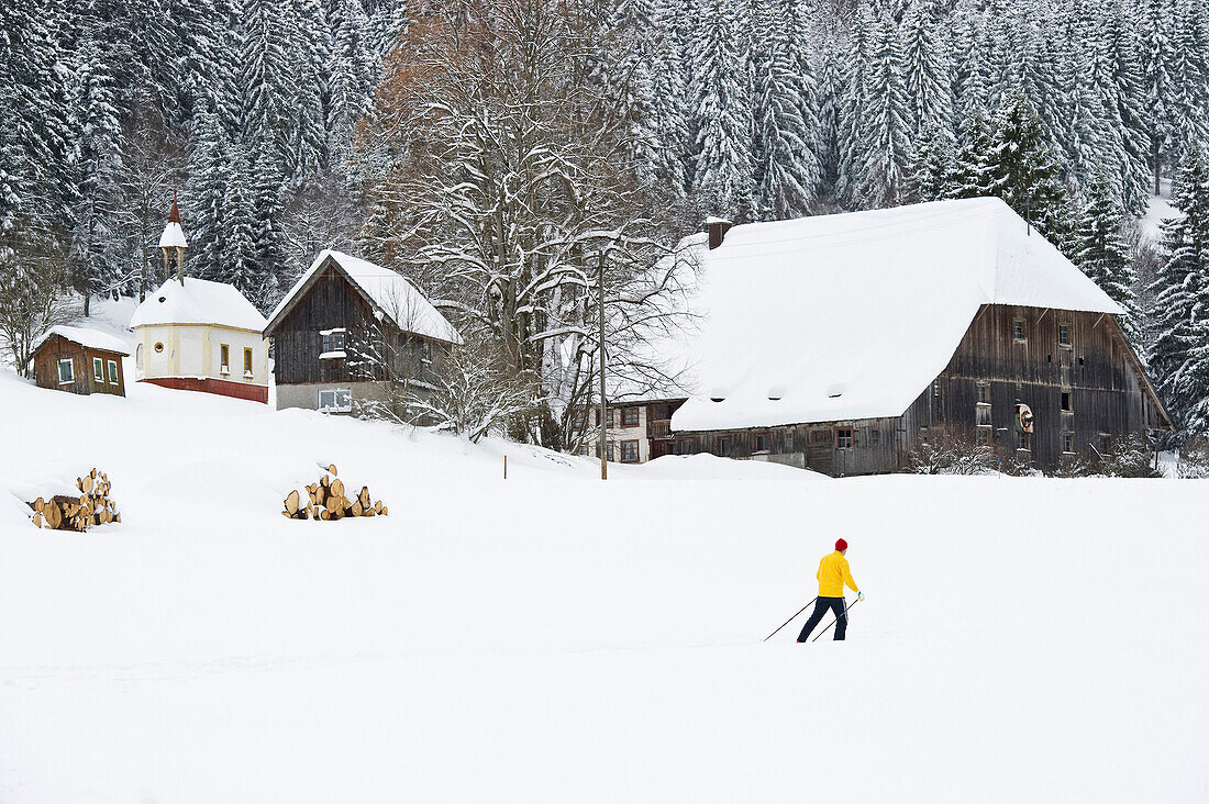 Langläufer bei einem Bauernhof, Hinterzarten, Schwarzwald, Baden-Württemberg, Deutschland