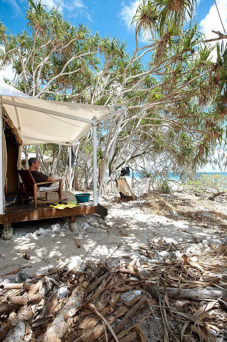 Luxuszelt auf Stelzen am Strand unter Pandanus Bäumen, Wilson Island Resort, Wilson Island, Teil des Capricornia Cays National Park, Great Barrier Reef Marine Park, UNESCO Weltnaturerbe, Queensland, Australien