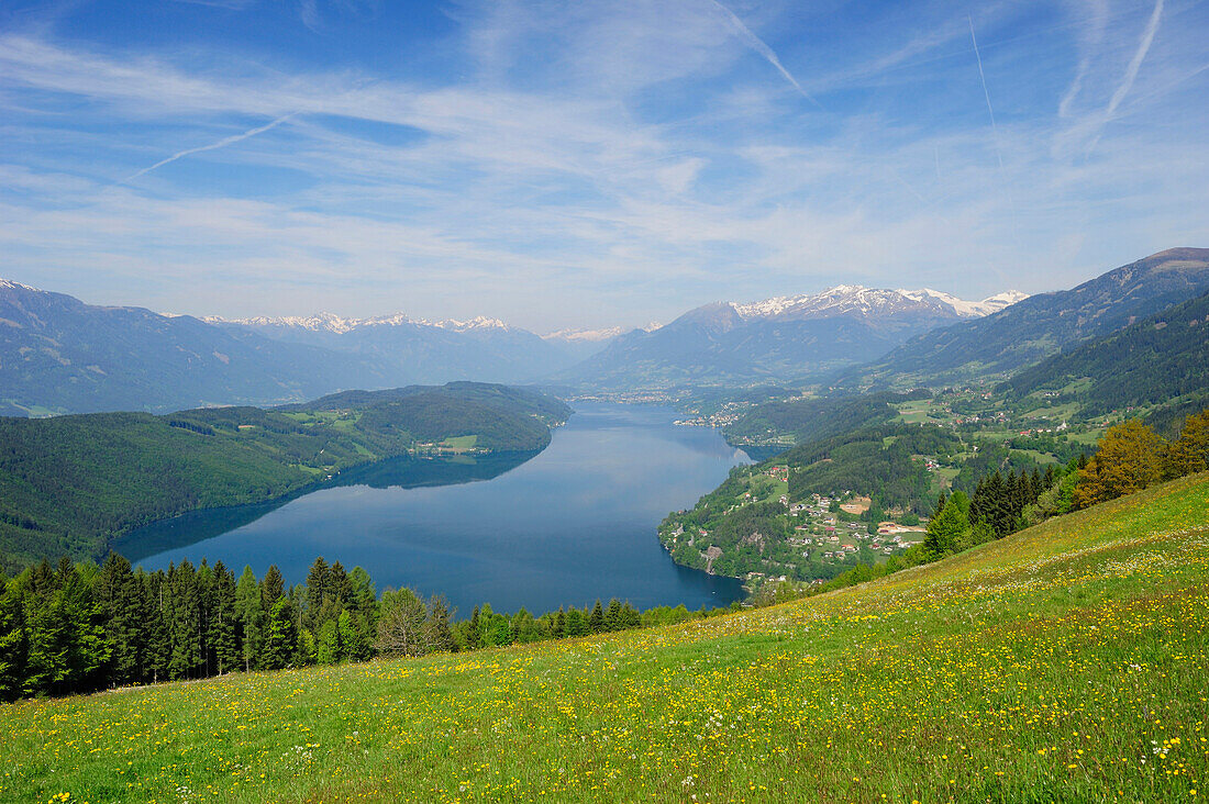 Meadow with flowers with lake Millstaetter See and snow covered mountains in the background, lake Millstaetter See, Carinthia, Austria, Europe