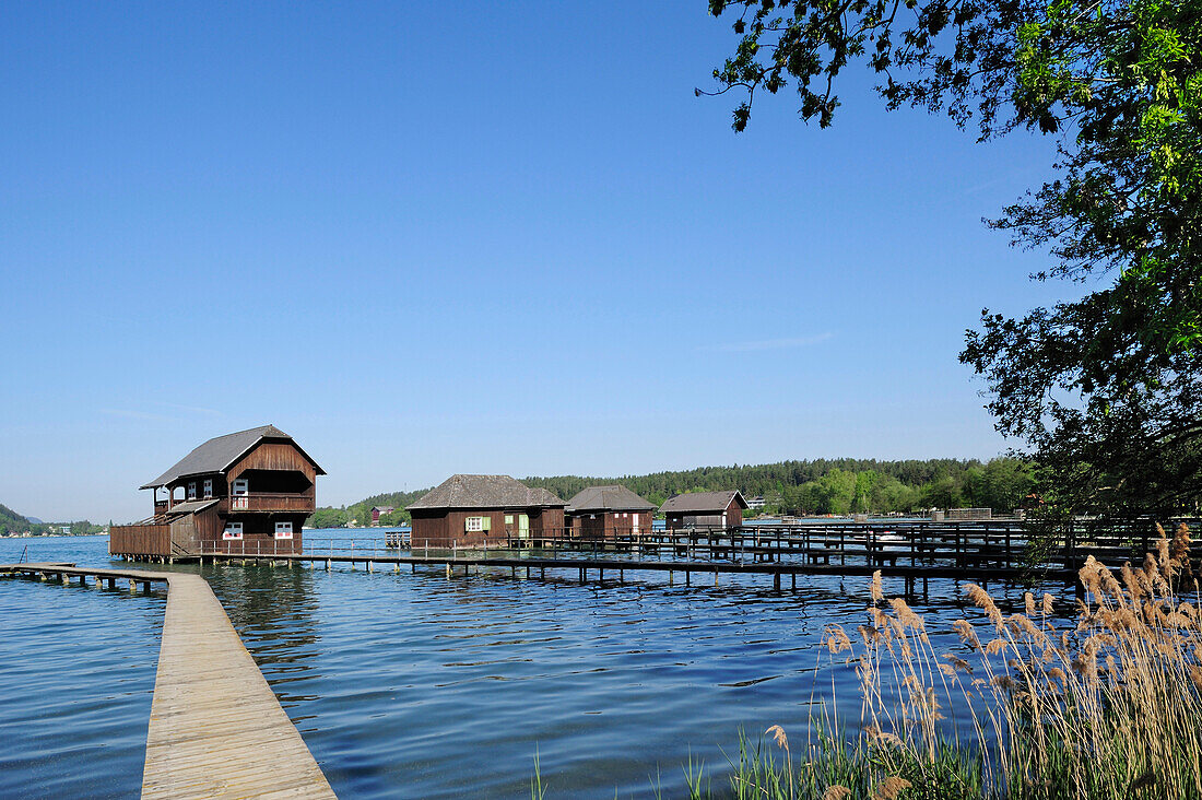 Holzstege und Bootshäuser im Klopeiner See, Klopeiner See, Kärnten, Österreich, Europa