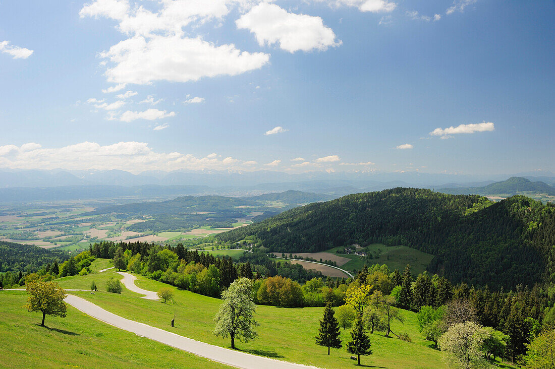 Straße führt auf Magdalensberg, Talkessel von Klagenfurt im Hintergrund, Magdalensberg, Kärnten, Österreich, Europa