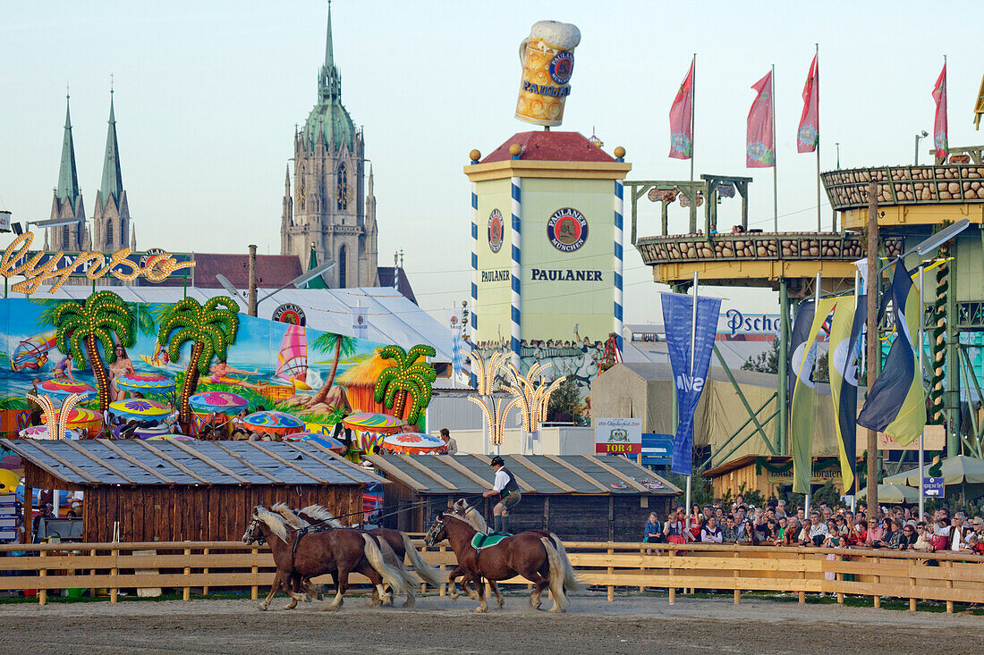 St Paul church and horse parade, historical Oktoberfest at the Theresienwiese, Munich, Bavaria, Germany, Europe, Europe