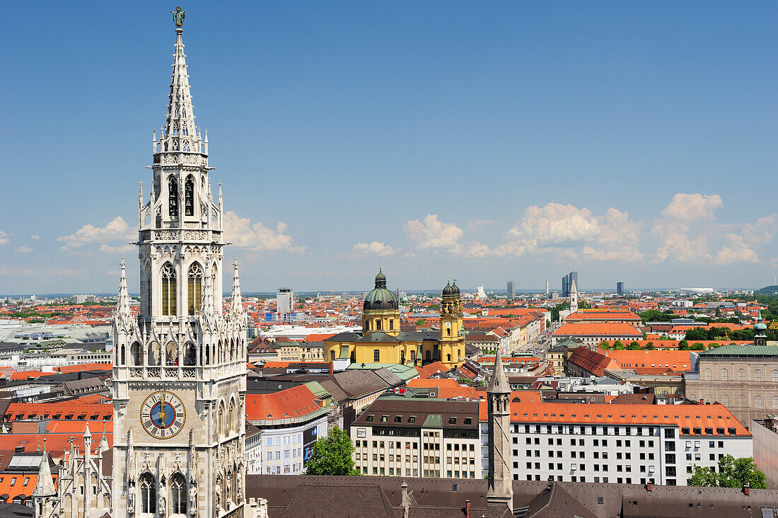 View to city of Munich with town hall Neues Rathaus and church Theatinerkirche, Munich, Upper Bavaria, Bavaria, Germany, Europe