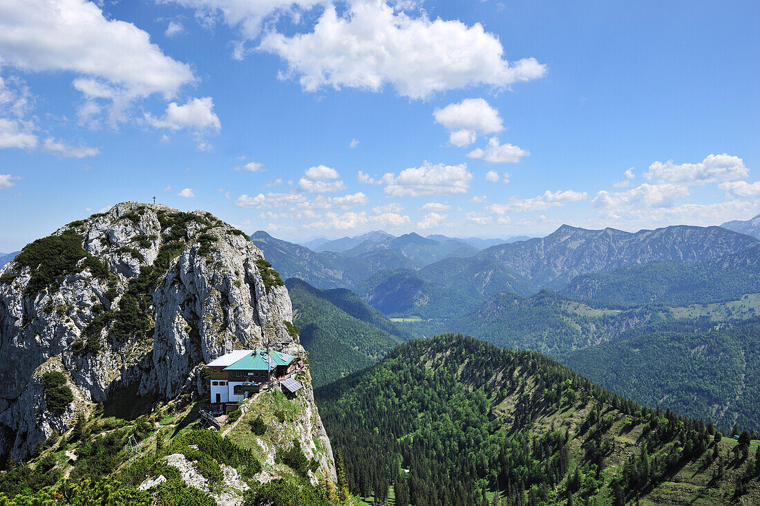Alpine hut Tegernseer Huette, Buchstein in background, Bavarian foothills, Upper Bavaria, Bavaria, Germany, Europe