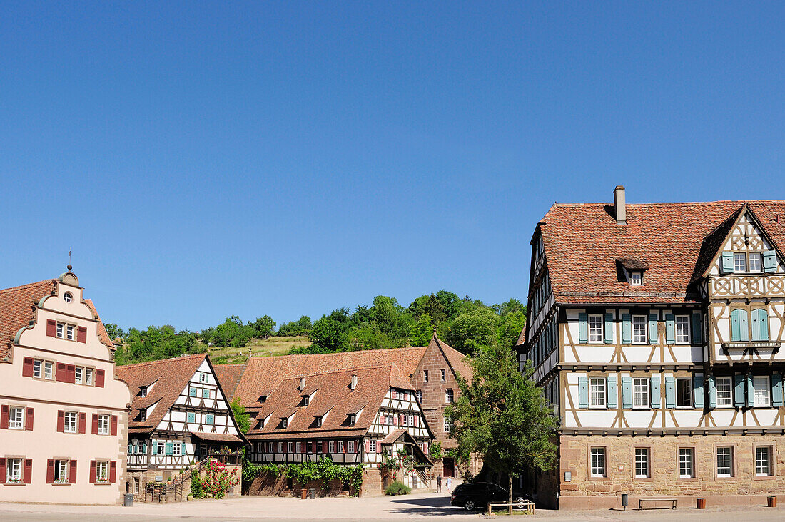 Half-timbered houses at courtyard of monastery Kloster Maulbronn, Maulbronn, Baden-Wuerttemberg, Germany, Europe