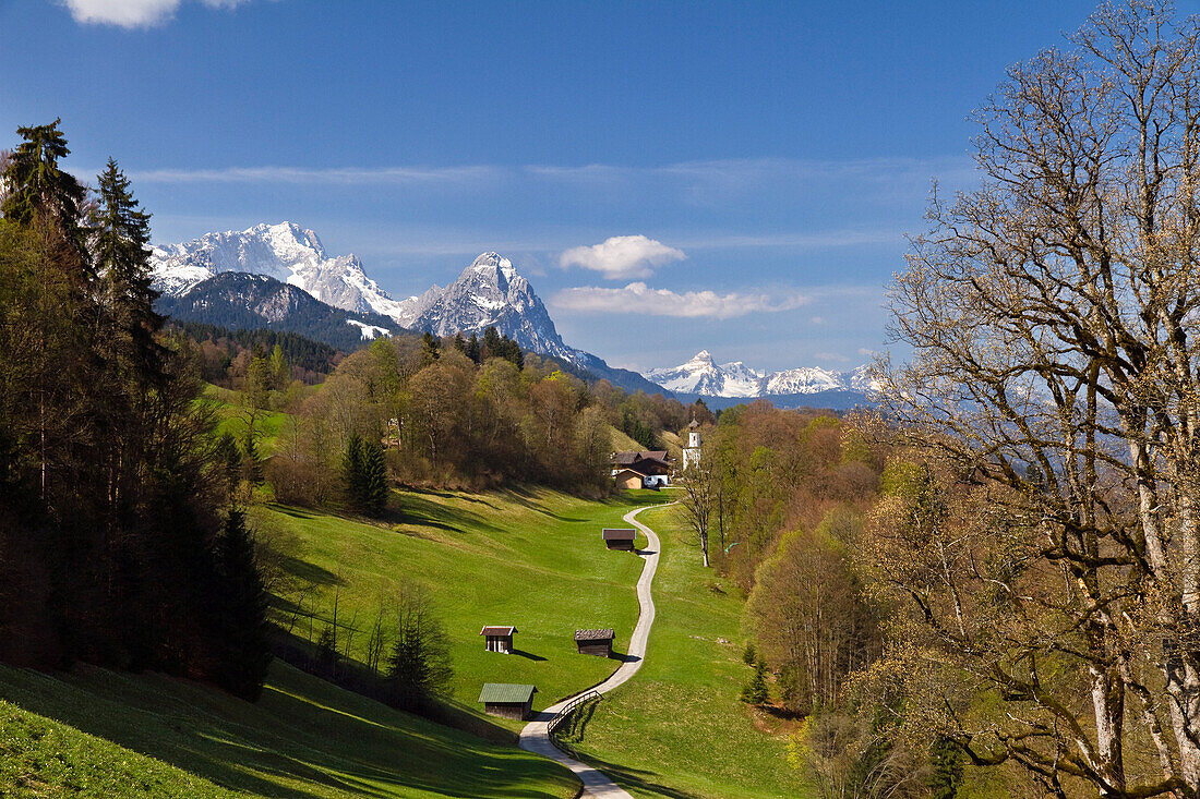 Weg nach Wamberg, Wettersteingebirge mit Zugspitze, Waxenstein und Daniel im Hintergrund, Werdenfelser Land, Oberbayern, Deutschland