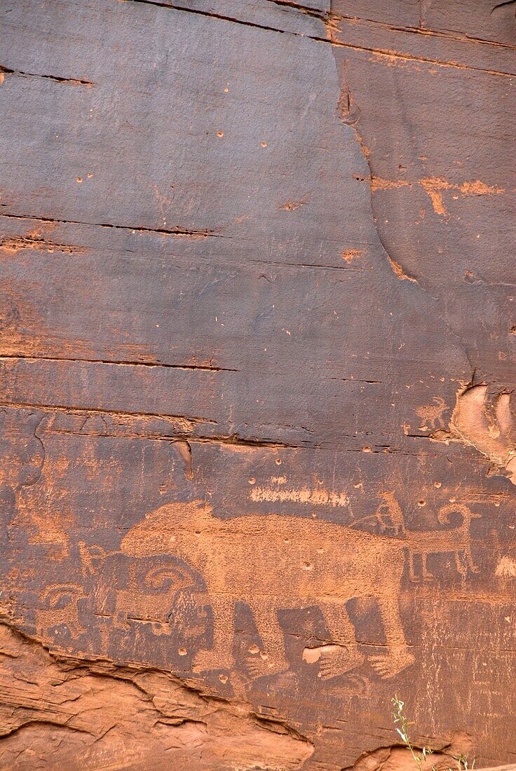 Indian petroglyphs from the formative period along Utah Scenic Byway 279 near Moab, Utah, USA