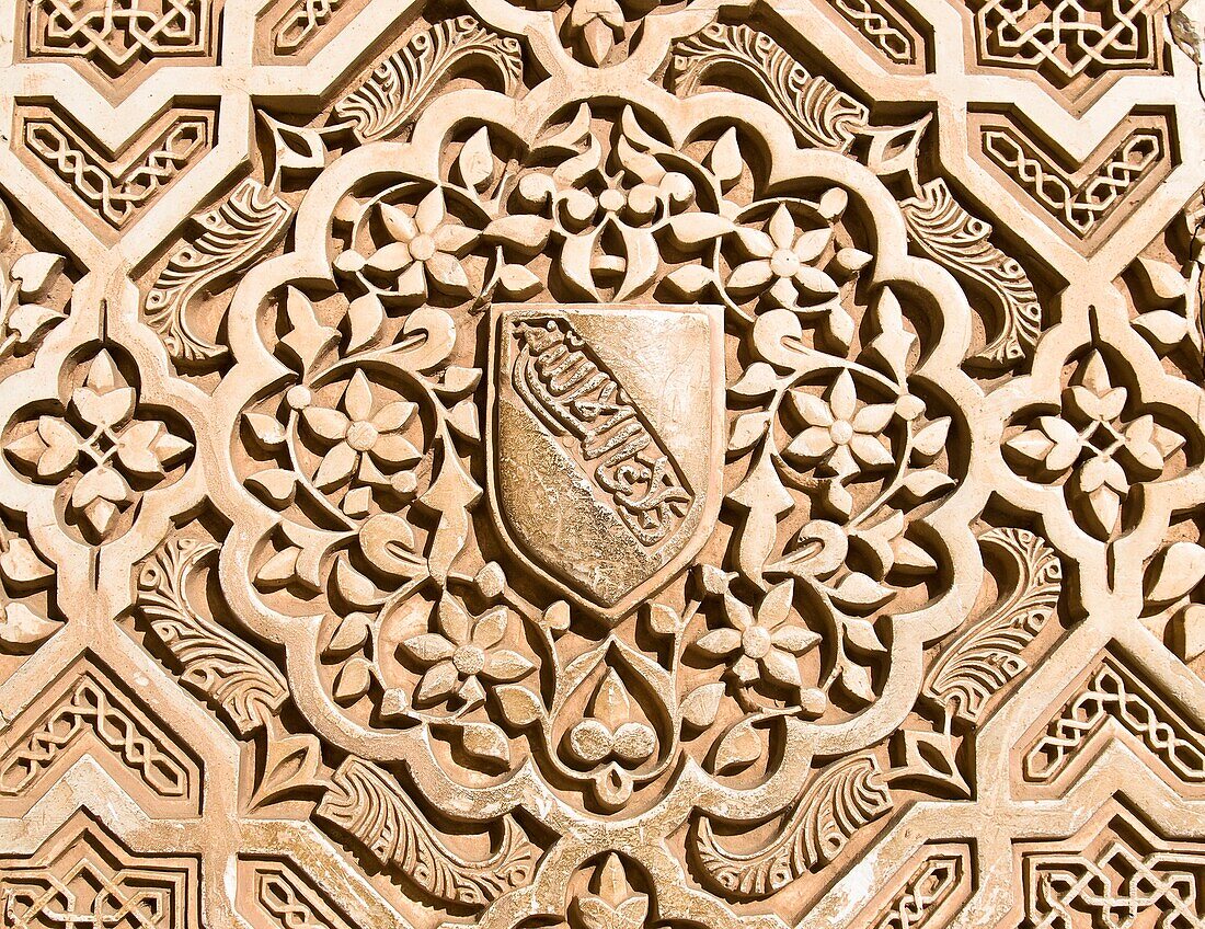 Decoración con motivos vegetales, geométricos y escritura árabe en el pórtico norte del Patio de Comares o de los Arrayanes, en los Palacios Nazaríes de la Alhambra de Granada - Andalucía - España