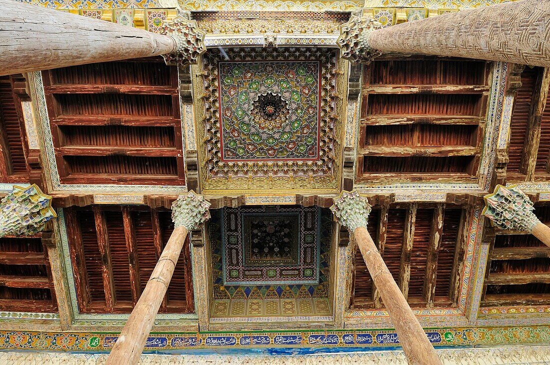 painted ceiling of Bolo Hauz Mosque, Bukhara, Buchara, Silk Road, Unesco World Heritage Site, Uzbekistan, Central Asia