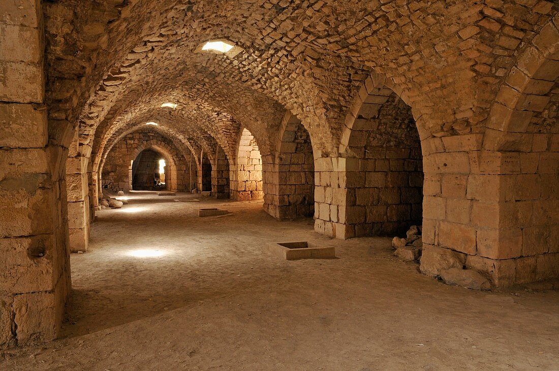 vaulted stables in the Crusader fortress Crac, Krak des Chavaliers, Qalaat al Husn, Hisn, Syria, Middle East, West Asia