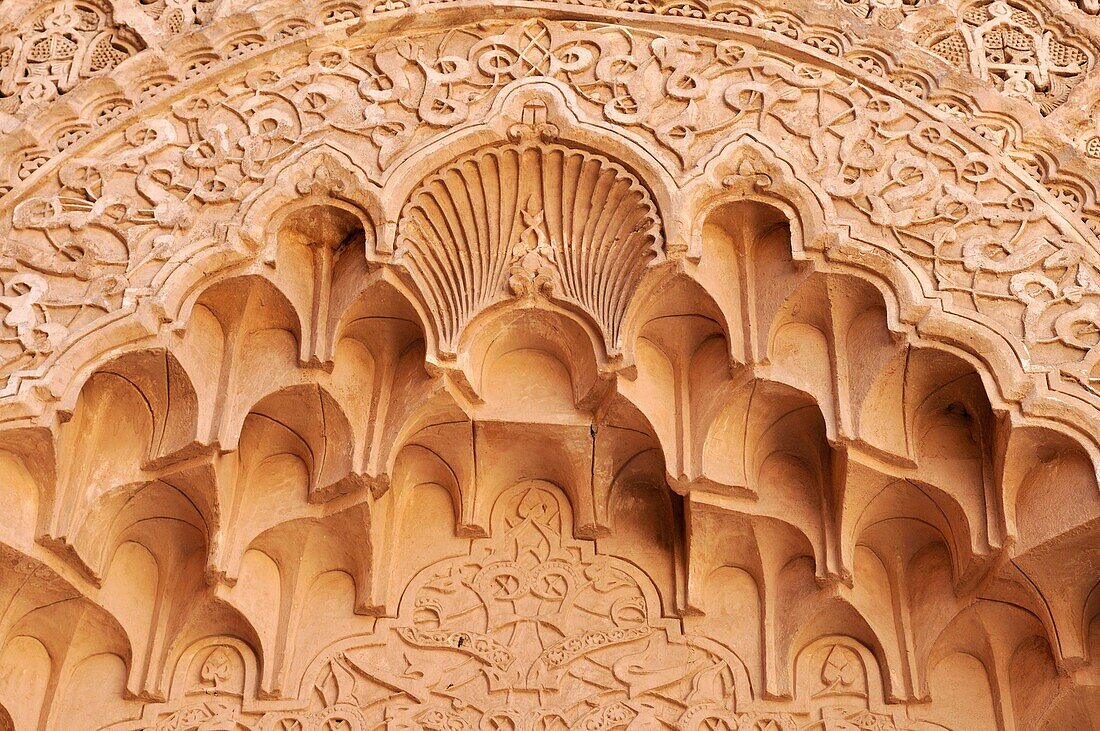 wall decoration at Medersa Ben Youssef in Marrakesh Medina, Unesco World Heritage Site, Morocco, North Africa