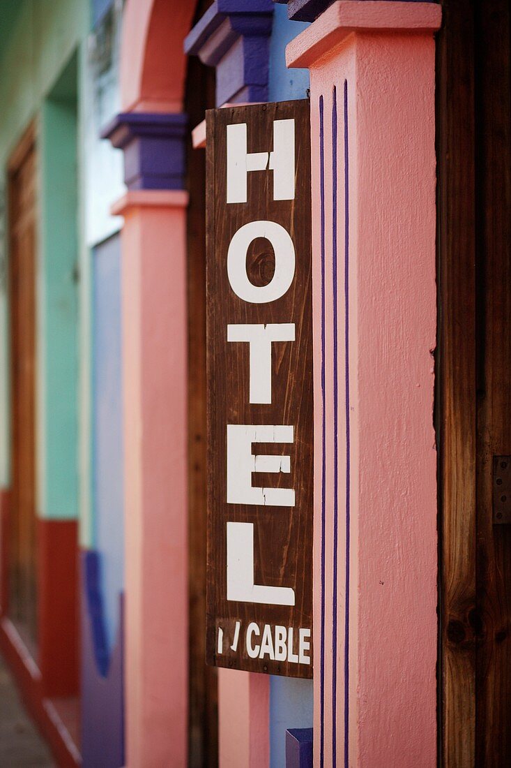 A sign for a hotel in San Cristobal de Las Casas in Chiapas in Mexico