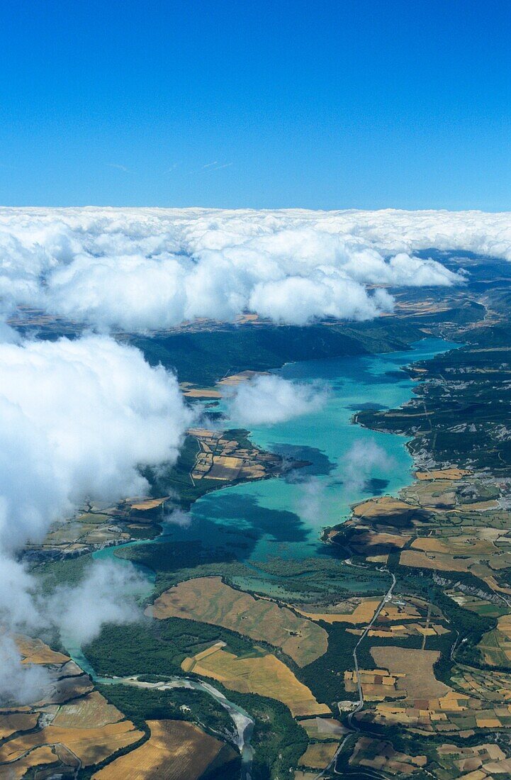 Above, Aerial, Aragon, Atmosphere, Atmospheric, Cloud, Clouds, Cloudscape, Colored, Countryside, Cumulus, Farming, Fields, Idyllic, Lake, Land, Landscape, Over, Overview, Picturesque, Scenic, Skyline, Spain, Summer, Vertical, Water, Weather, White, Yesa, 