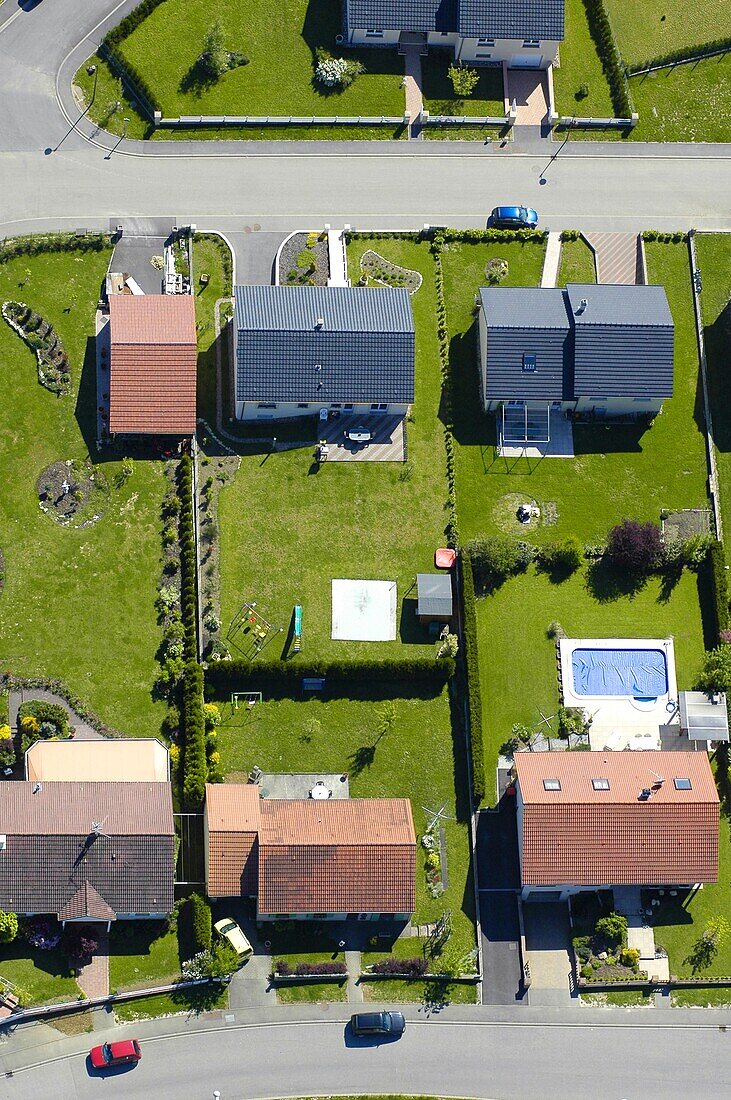 Aerial view of a modern, recent and new housing estate in a french village Lorraine, France