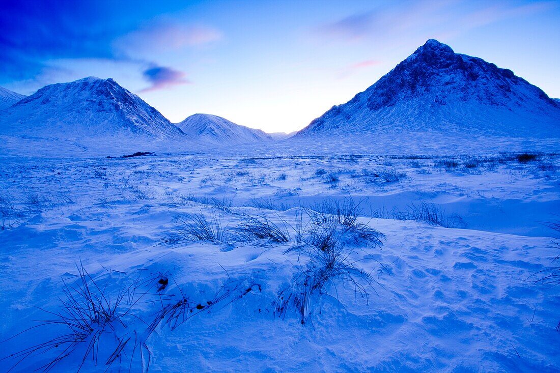 Scotland, Scottish Highlands, Pass of Glencoe Looking towards the snow covered peaks of Glen Etive