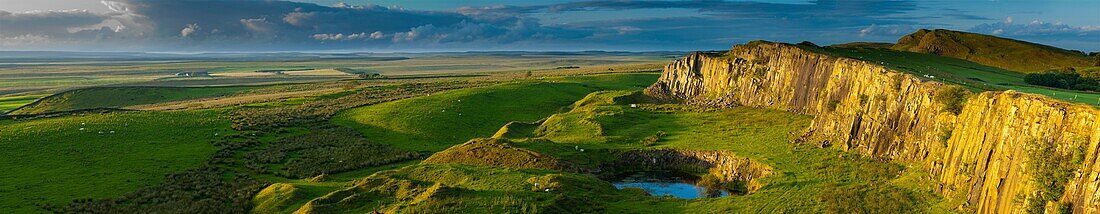 England, Northumberland, Hadrian's Wall Walltown Crags and the route of Hadrians Wall along the Great Whin Sill
