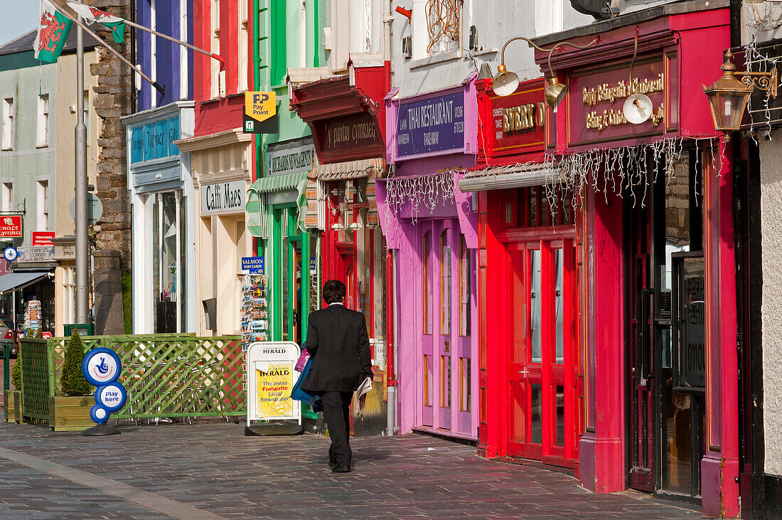 Colourful shops and restaurants, The historic centre of Caernarfon, Wales, UK