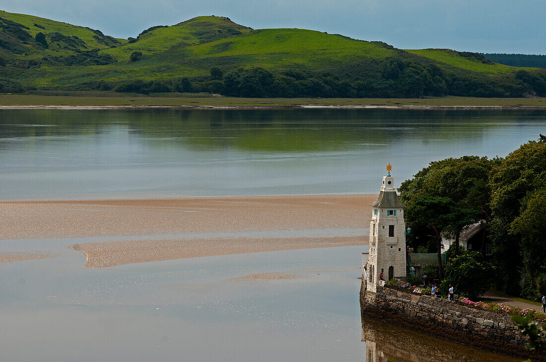 The village of Portmeirion with bell tower, founded by Welsh architekt Sir Clough Williams-Ellis in 1926, Wales, UK