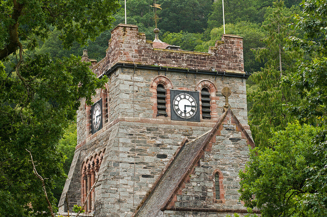 Church tower in the village of Betws-y-coed, Snowdonia National Park, Wales, UK