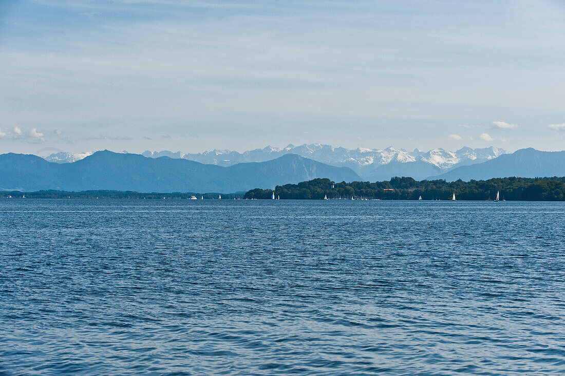 View over Lake Starnberg the the Alps, Tutzing, Bavaria, Germany