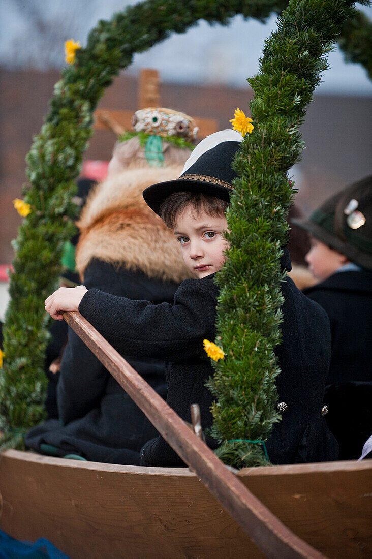 Boy wearing traditional costumes, festival of Leonhardiritt, Benediktbeuern, Bavaria, Germany