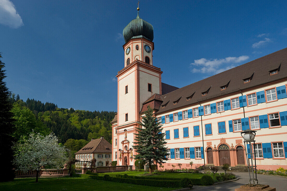 St. Trudpert monastery in the sunlight, Münstertal, Black Forest, Baden-Wuerttemberg, Germany, Europe