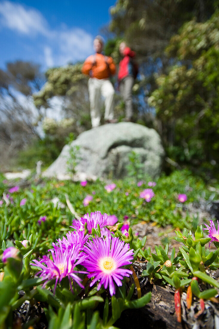 Two hikers standing on a rock at Millers Landing in the north of Wilsons Promontory National Park, Victoria, Australia