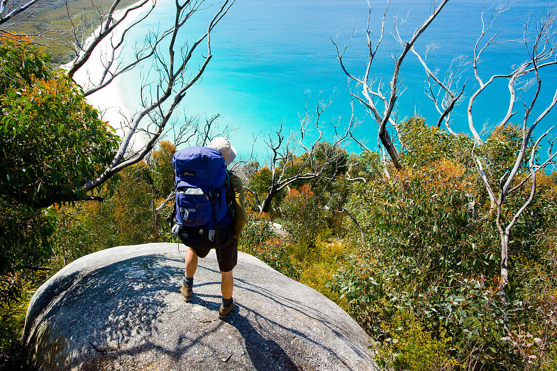Ein Wanderer oberhalb der Waterloo Bay, Wilsons Promontory National Park, Victoria, Australien