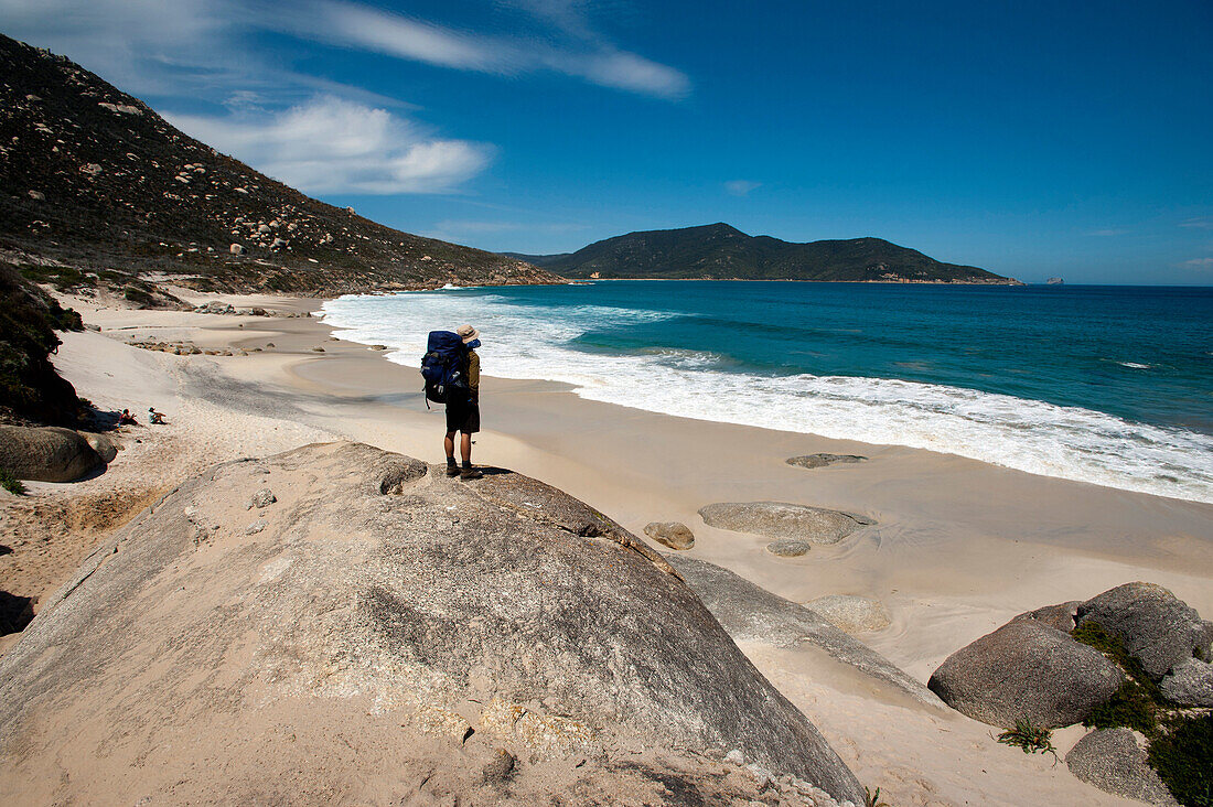 Hiker at Little Oberon Bay, Wilsons Promontory National Park, Victoria, Australia