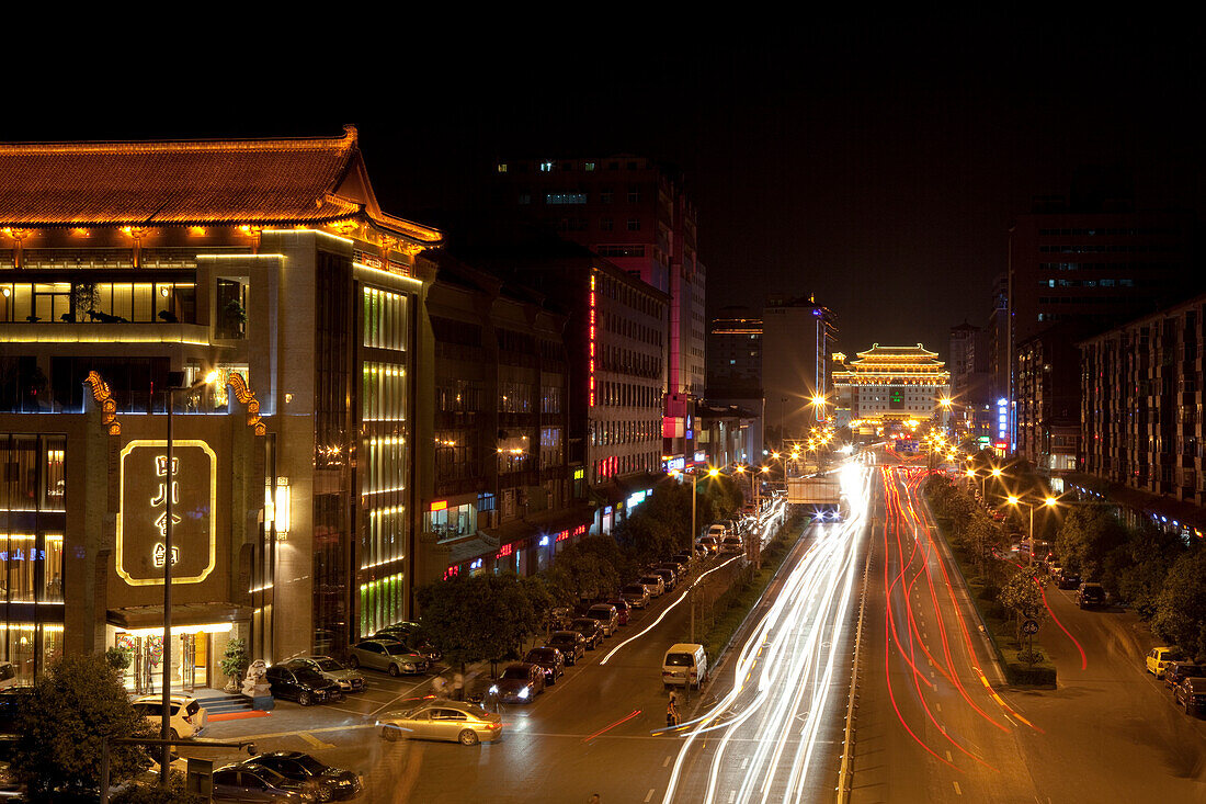 View at night from the City wall of Xi'an, Shaanxi Province, People's Republic of China