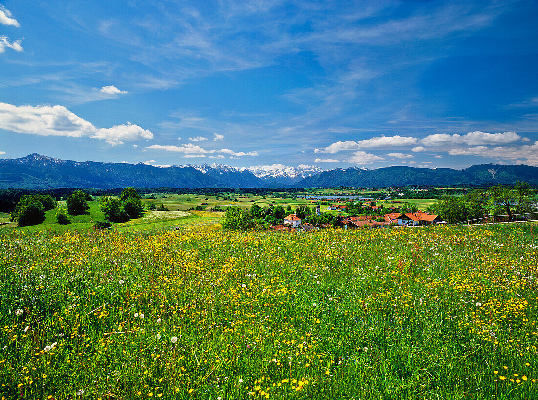 Blick von der Aidlinger Höhe auf Wettersteingebirge, Riegsee und Aidling, im Hintergrund Murnau, Blaues Land, Oberbayern, Deutschland, Europa