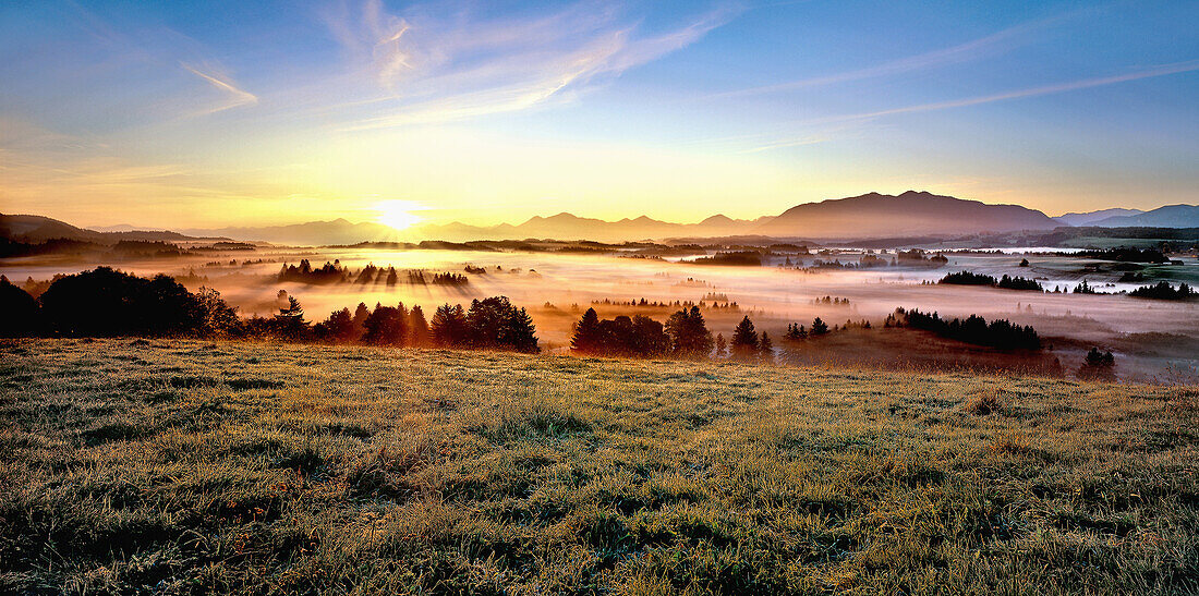 View from Schoenberg at sunrise, Upper Bavaria, Germany, Europe