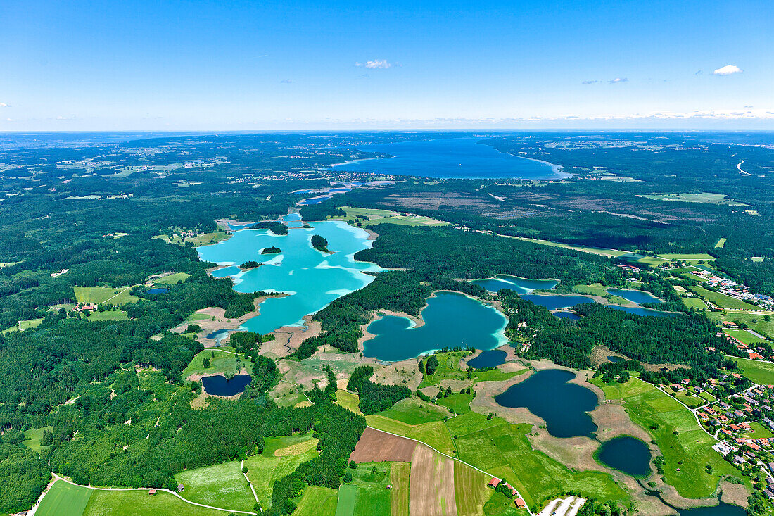 Aerial view of lakes Osterseen, Seeshaupt, Lake Starnberger See, Upper Bavaria, Germany, Europe