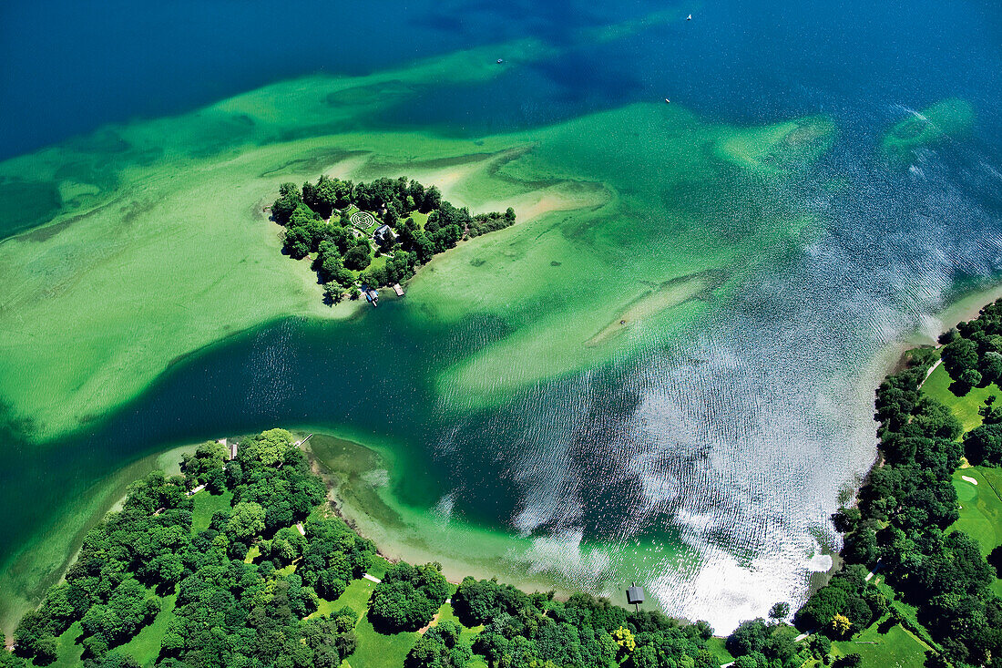 Luftaufnahme auf die Roseninsel, Feldafing, Starnberger See, Oberbayern, Deutschland, Europa
