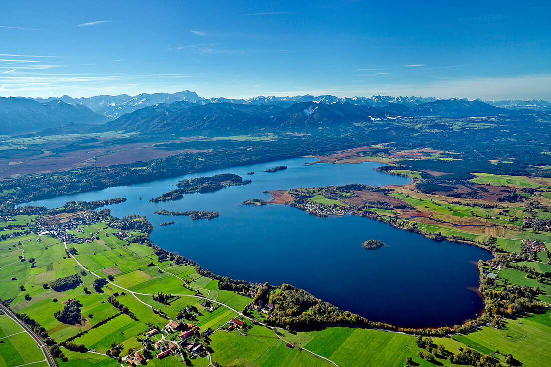 Aerial view of lake Staffelsee and Wetterstein mountains, Upper Bavaria, Germany, Europe