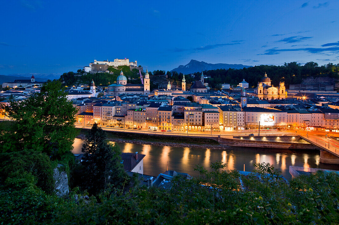 View of the illuminated city of Salzburg in the evening, Province of Salzburg, Austria, Europe