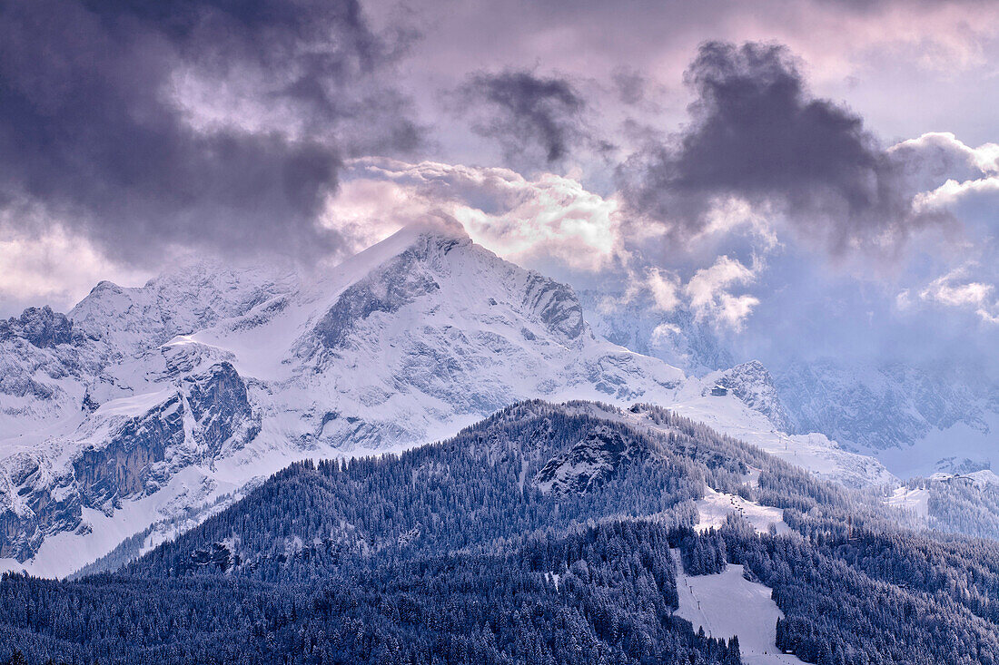 The Alpspitze under clouds, Wetterstein mountains, Upper Bavaria, Germany, Europe