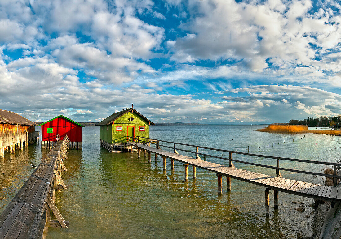 Boathouses and jetties at lake Ammersee, Schondorf, Upper Bavaria, Germany, Europe