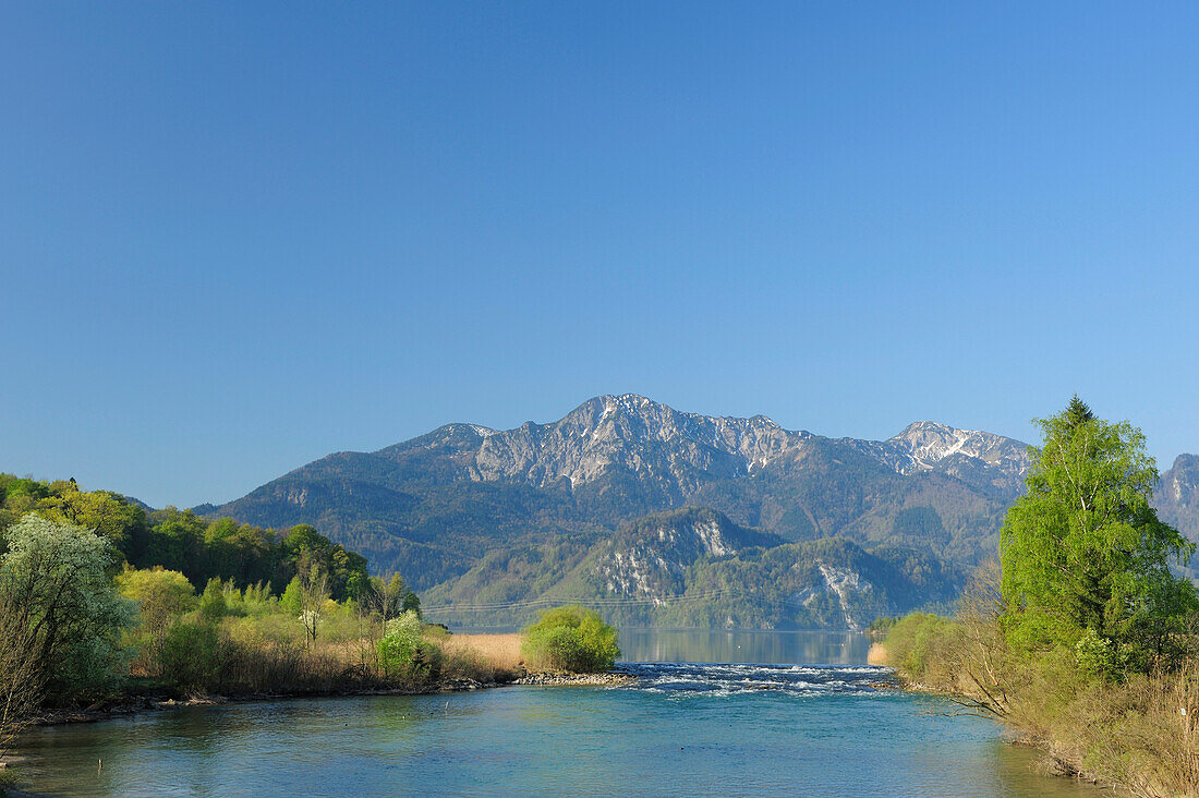 Loisach river and Lake Kochel, Herzogstand and Heimgarten in background, Upper Bavaria, Bavaria, Germany