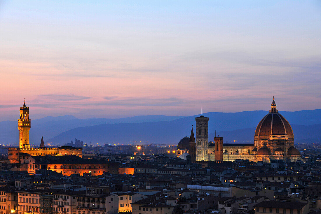 Cityscape with Santa Maria del Fiore cathedral in the evening, Florence, Tuscany, Italy