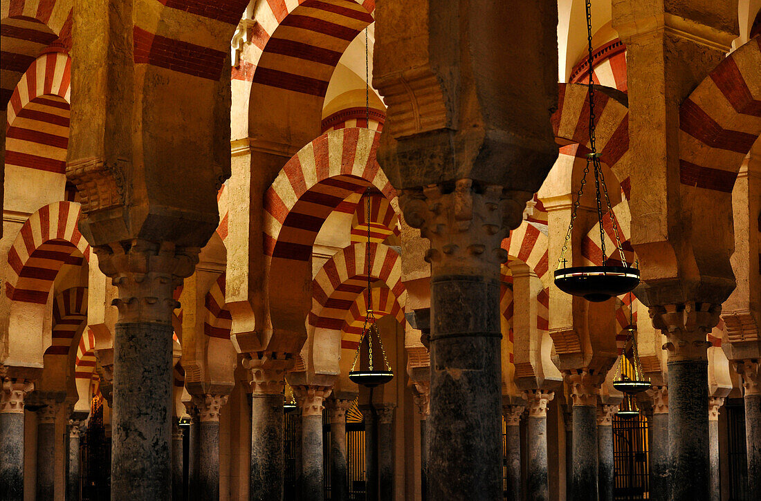 Columns inside of the cathedral La Mezquita, Cordoba, Andalusia, Spain, Europe