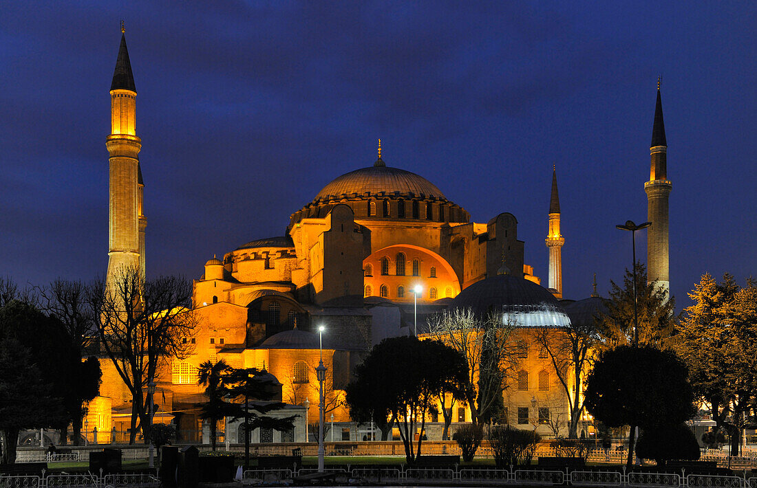 Illuminated Hagia Sophia in the evening, Istanbul, Turkey