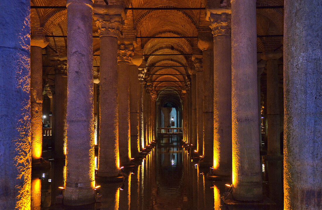 Interior view of the illuminated Yerebatan Cistern, Istanbul, Turkey, Europe