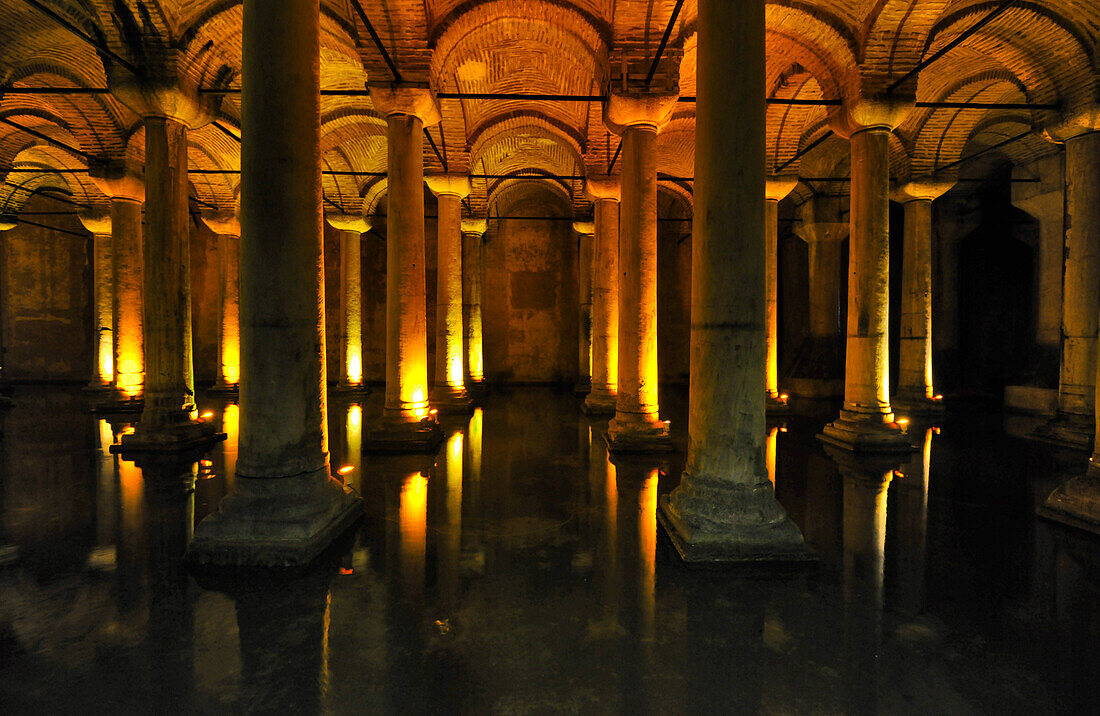 Interior view of the illuminated Yerebatan Cistern, Istanbul, Turkey, Europe