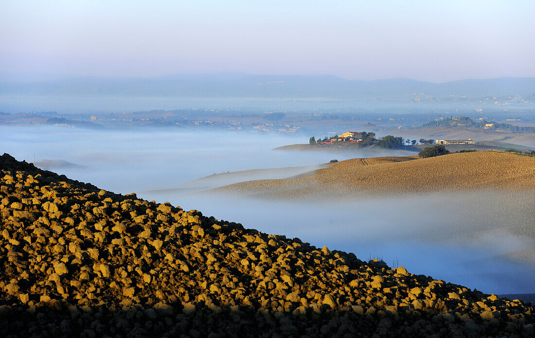 Hügellandschaft im Nebel, Crete, Toskana, Italien, Europa