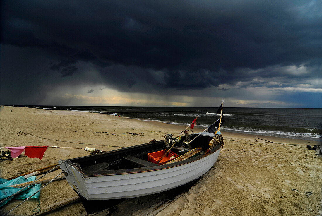 Fishing boat on beach, Stubbenfelde, Usedom, Mecklenburg-Western Pomerania, Germany