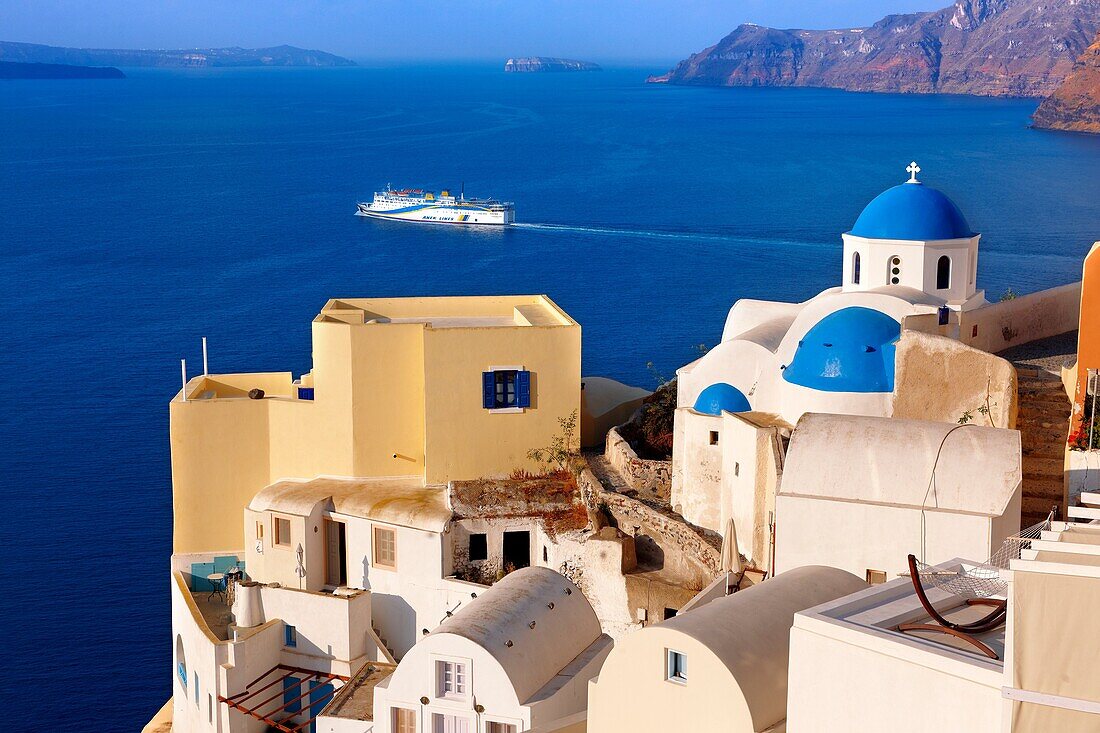 oia Ia Santorini Town with Anek Lines Ferry- Greek Cyclades islands.