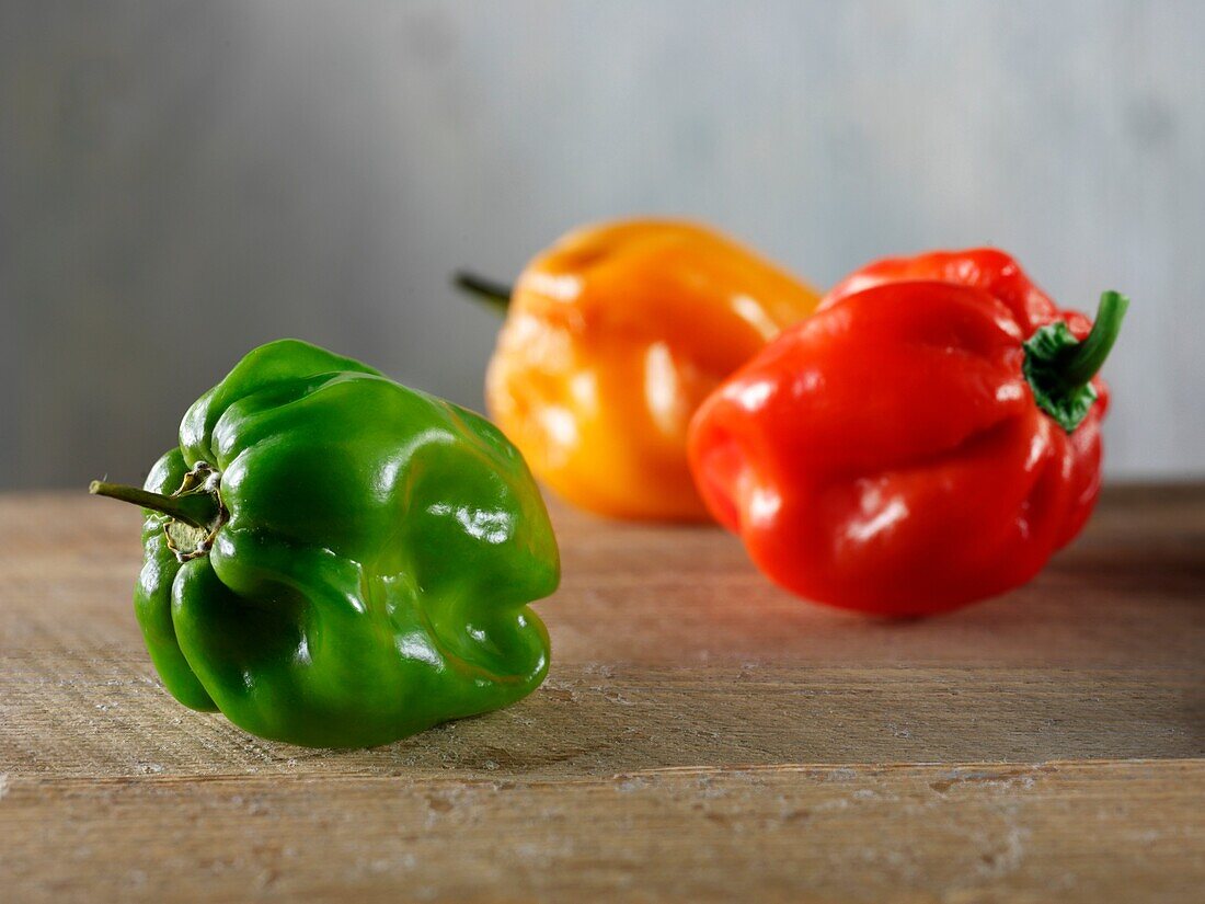 3 bell chilli peppers - red, green & red
