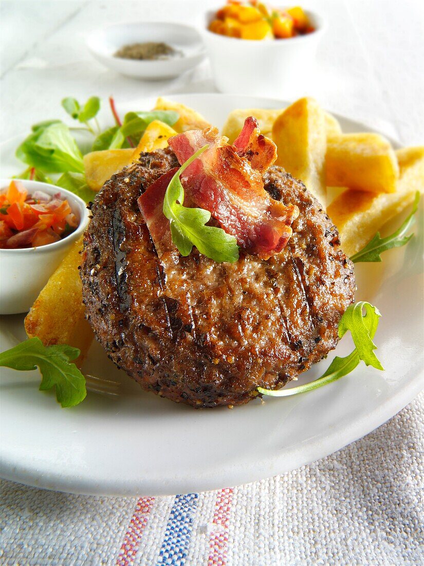 Char grilled beef burger with chunky chips and salad