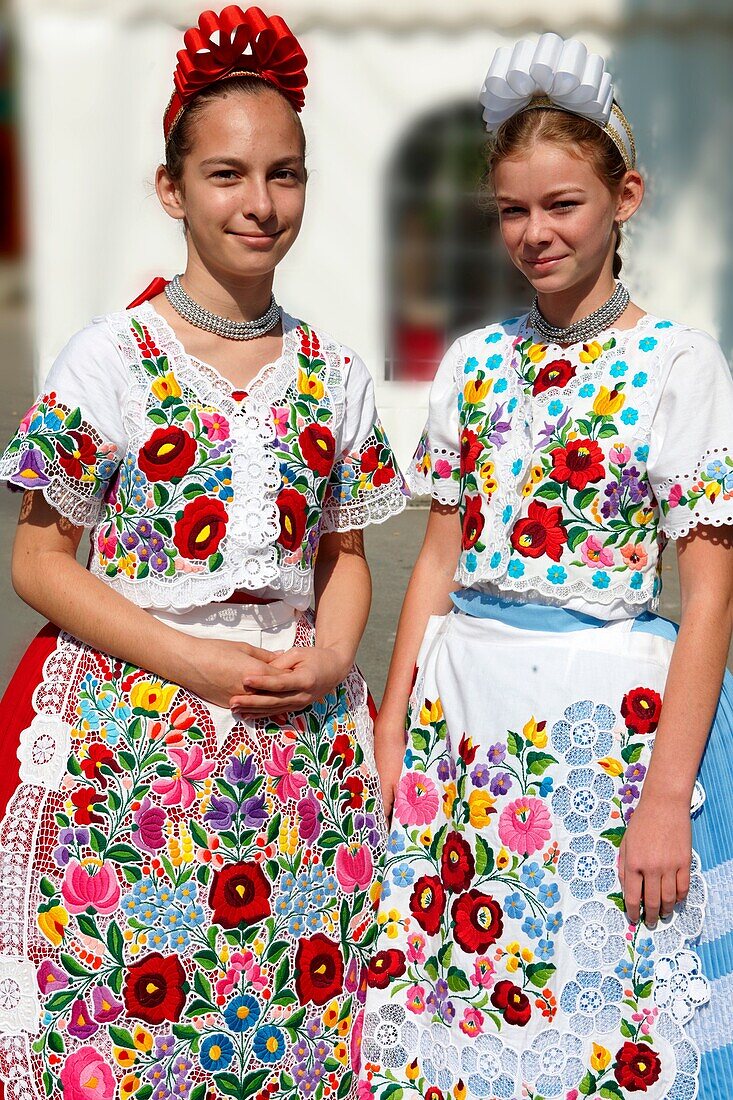 Young women in traditional Kalocsa dress at the paprka festival, Kalocsa, Hungary